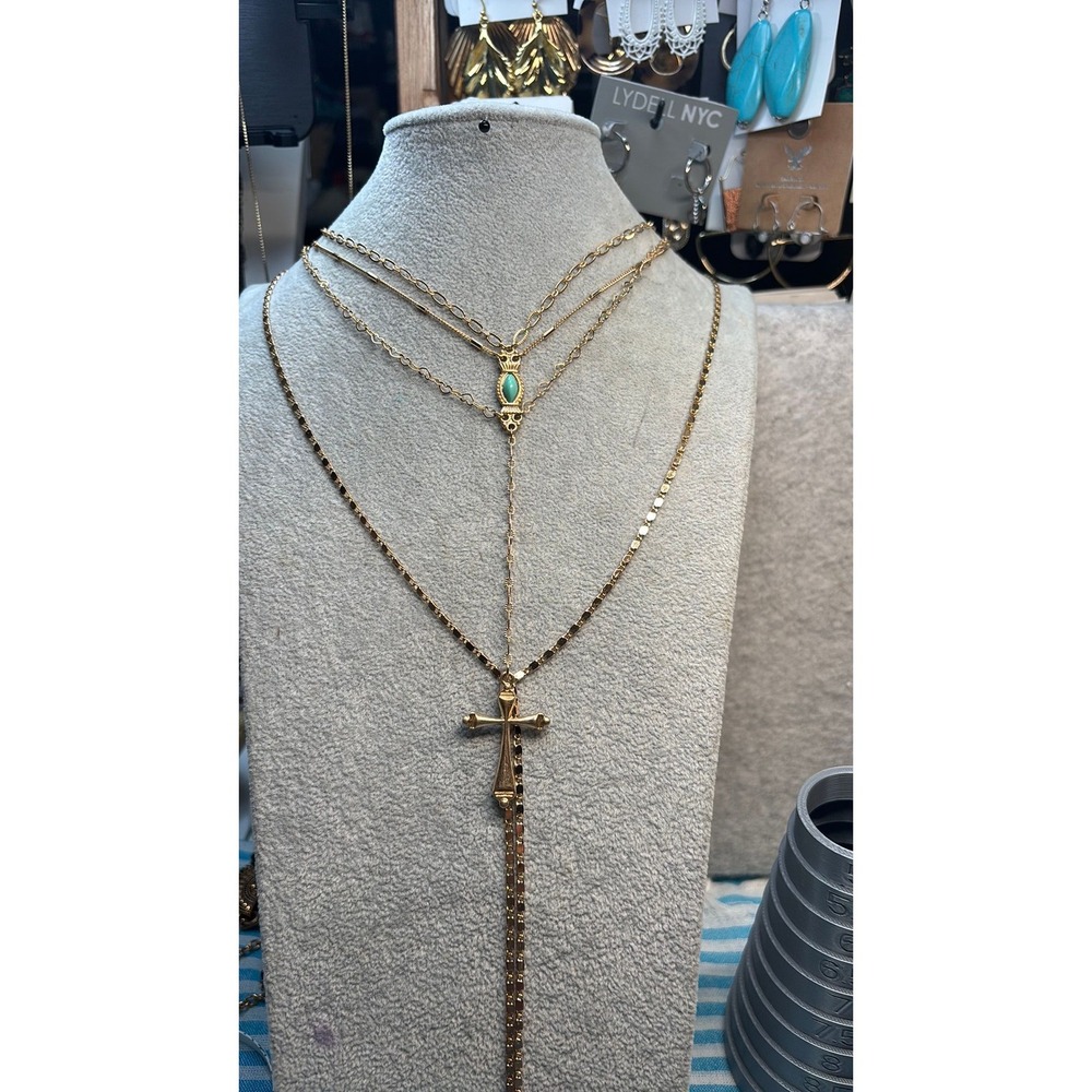 #14. Dainty Multi-Strand Layered Rosary Lariat Necklace Turquoise & Cross Accent